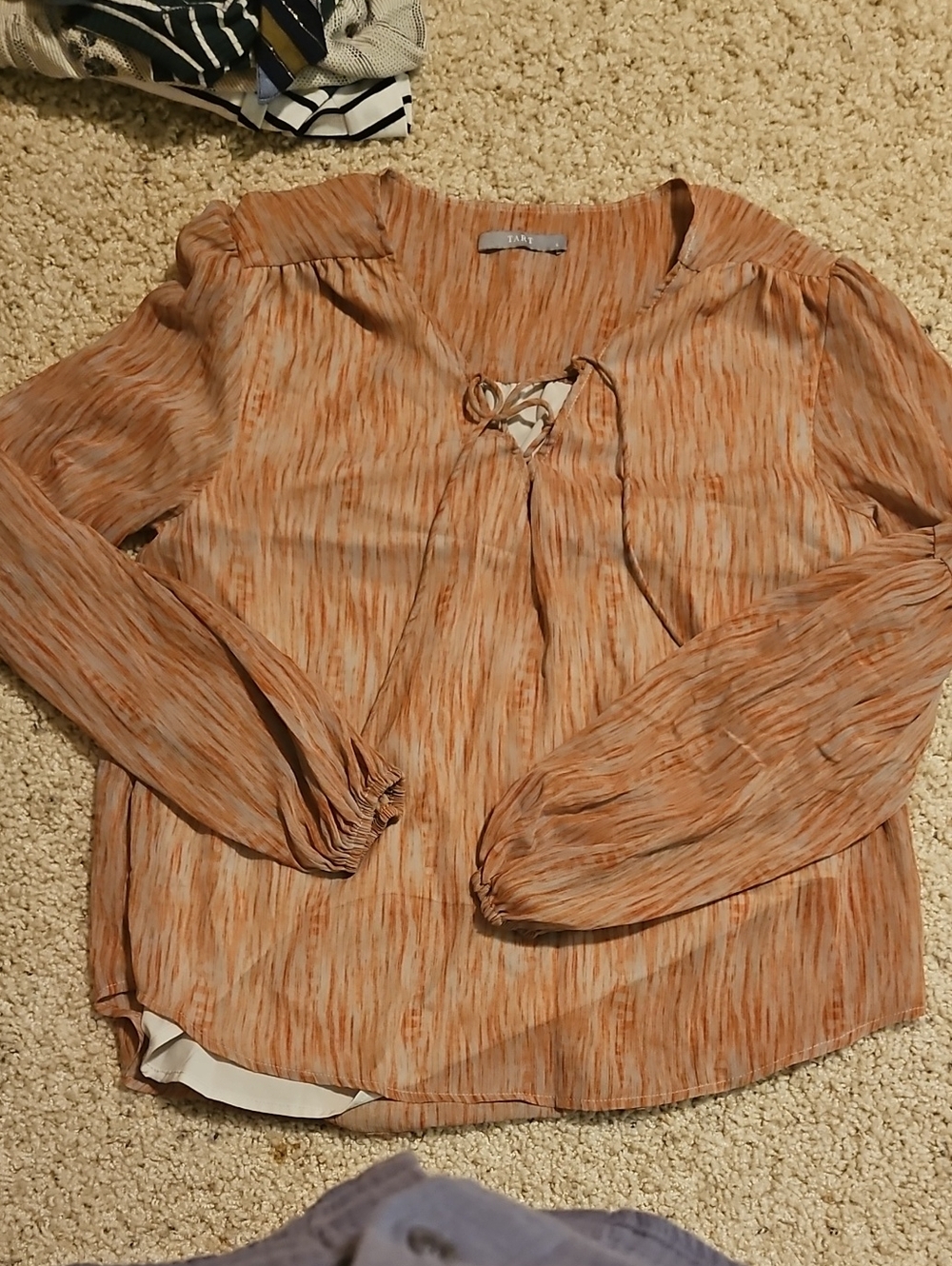 Tart Peach-Orange Striped Tie Front Blouse